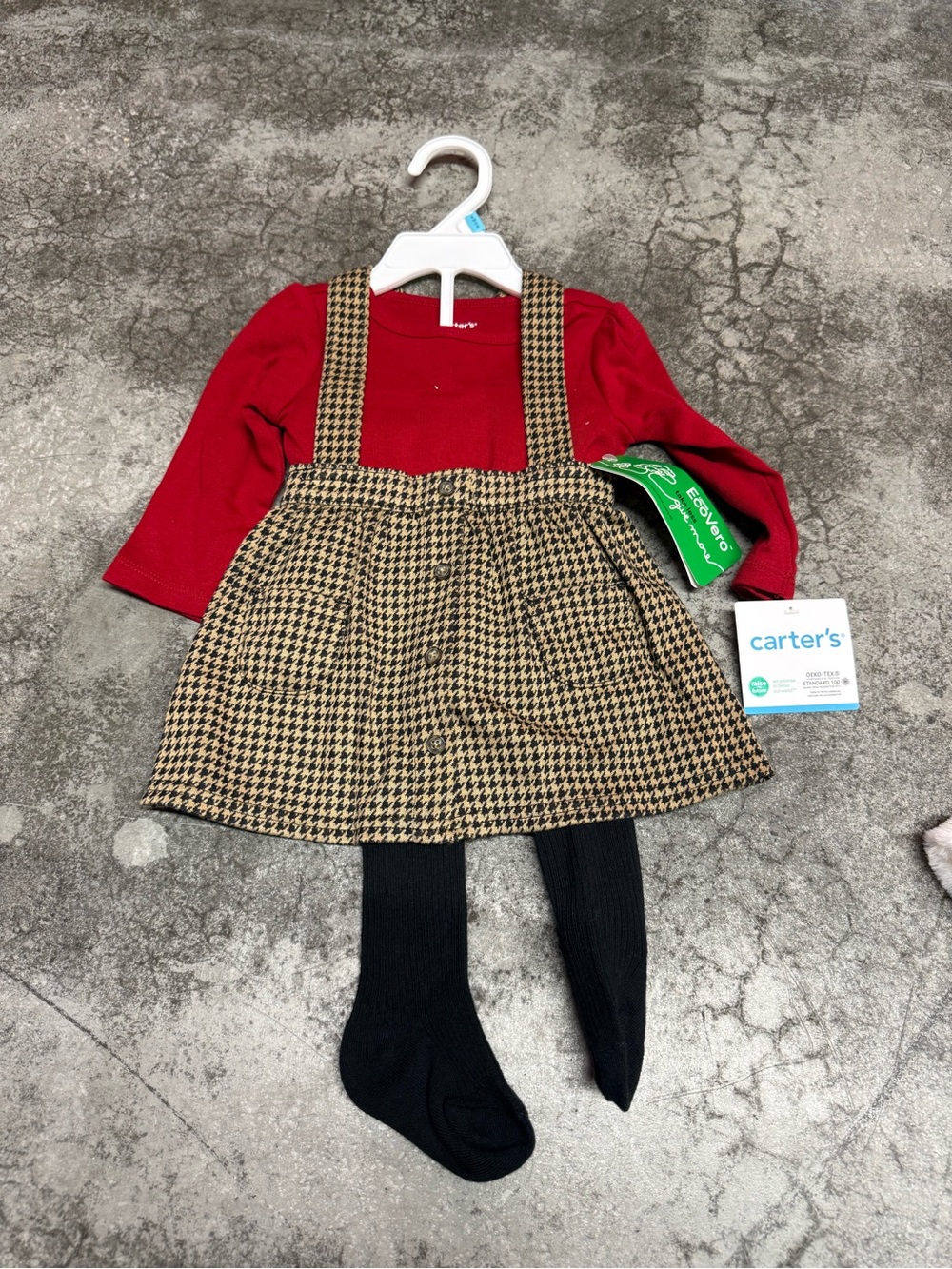 Carter's Red Top with Brown Houndstooth Pinafore and Black Tights
